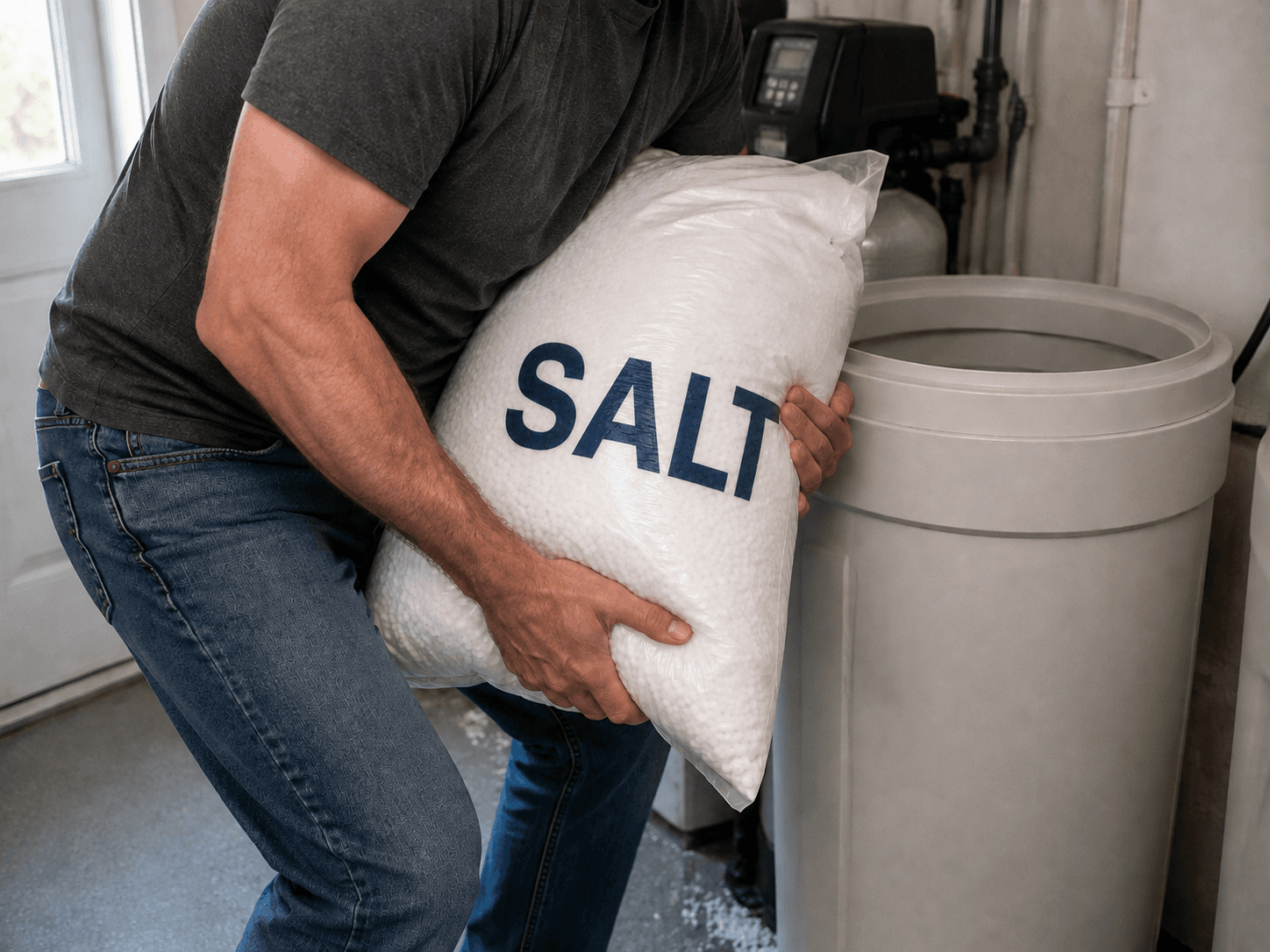 Lifting heavy 40–50 lb bags of salt