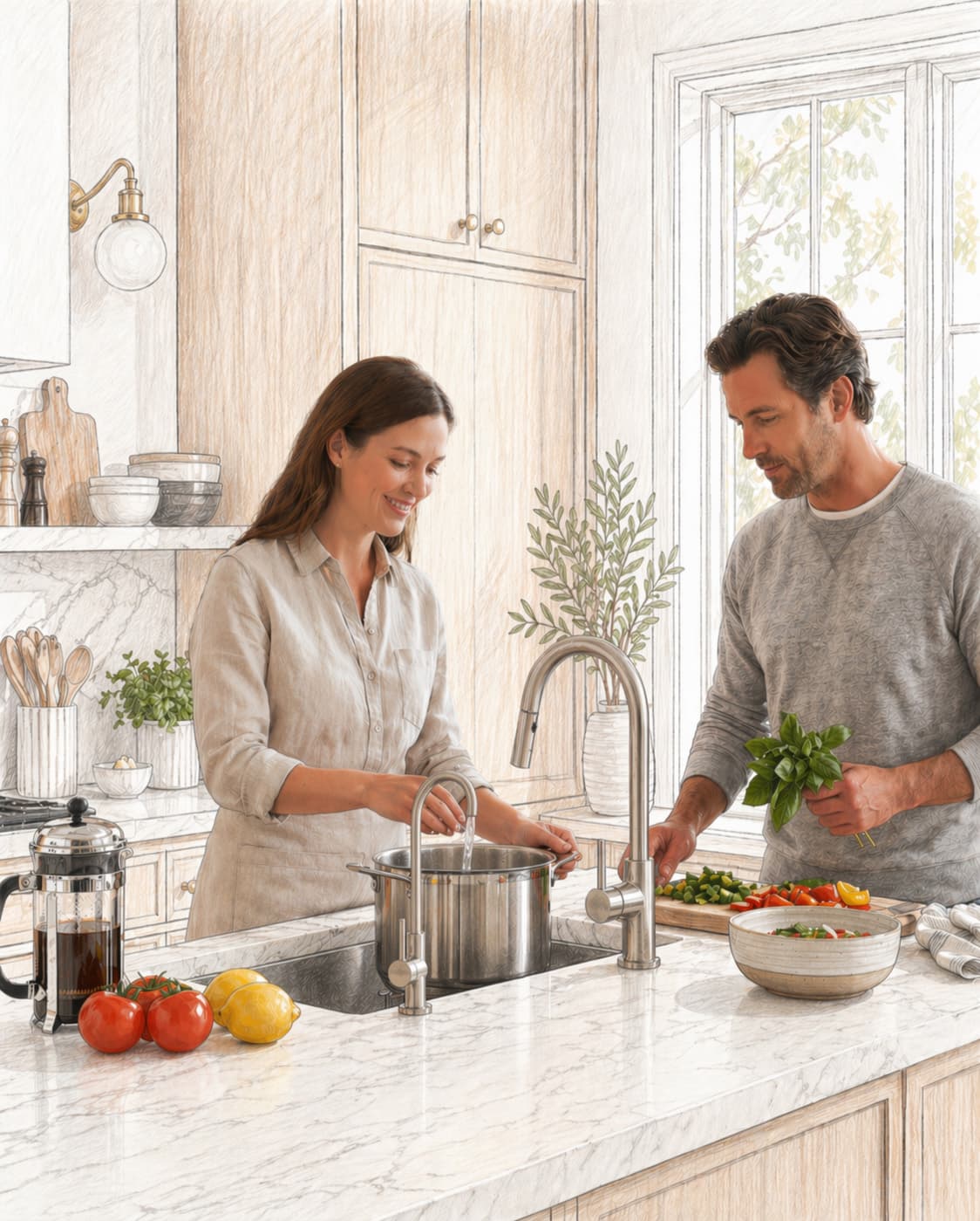 Family drinking water at kitchen sink